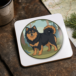 Glossy print detail on the Finnish Lapphund Black and Tan Standing Badge Cork-Back Coaster Finnish Lapphund coaster