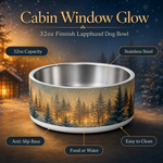 Cabin Window Glow Finnish Lapphund 32oz dog bowl features and specs