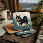 Cork backing and size of the Finnish Lapphund Nordic Wilderness Illustration Cork-Back Coaster Finnish Lapphund coaster