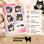 Specs and details for the Finnish Lapphund Cute Expressions Sticker Sheet – Happy, Curious & Playful Designs Finnish Lapphund sticker sheet