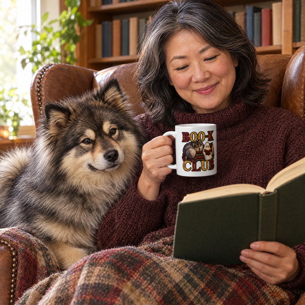 Finnish Lapphund Boo-k Club Halloween Mug Finnish Lapphund mug in use, lifestyle photo