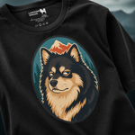 Finnish Lapphund Mountain Portrait T-Shirt design close-up on a Finnish Lapphund t-shirt