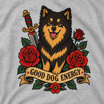 Finnish Lapphund Good Dog Energy Tattoo T-Shirt design close-up on a Finnish Lapphund t-shirt
