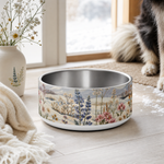 Wildflower Snowdrift Finnish Lapphund 32oz dog bowl in a cozy home setting
