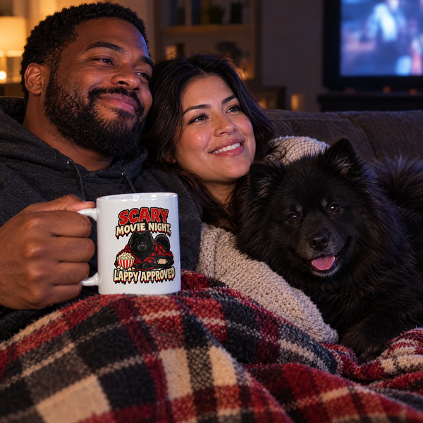Finnish Lapphund Scary Movie Night Halloween Mug Finnish Lapphund mug in use, lifestyle photo