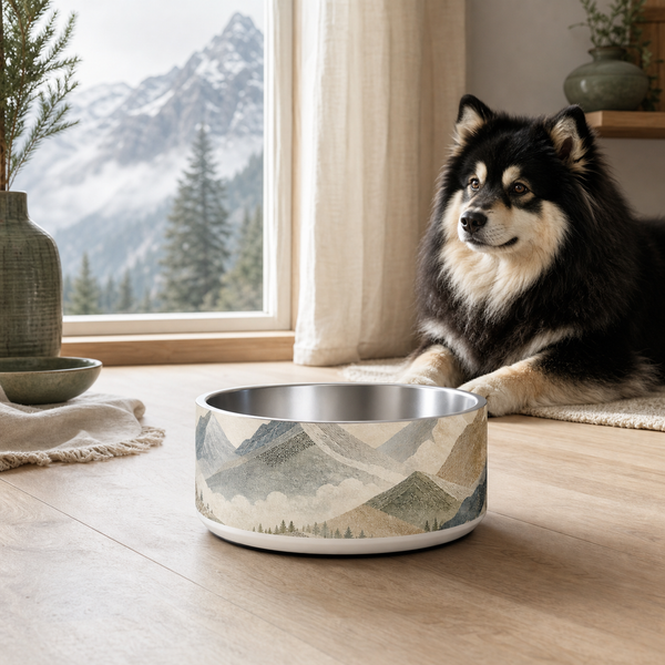 Cloud Dancer Peaks Finnish Lapphund 32oz dog bowl in a cozy home setting
