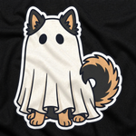 Finnish Lapphund Ghost Pup Halloween T-Shirt design close-up on a Finnish Lapphund t-shirt