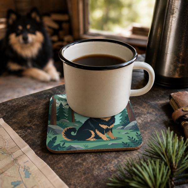 Finnish Lapphund Forest Lake Illustration Cork-Back Coaster Finnish Lapphund cork-back coaster in use on a table