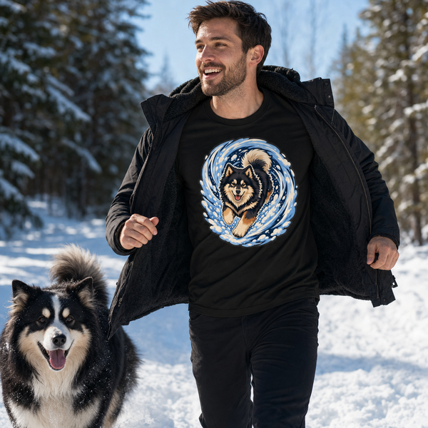 Finnish Lapphund Snow Zoomies Vortex T-Shirt Finnish Lapphund t-shirt worn, lifestyle photo