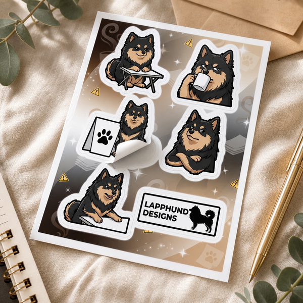 Individual peel detail of the Finnish Lapphund Cozy Routine Sticker Sheet – Coffee Breaks, Calm Workdays & Relaxed Poses Finnish Lapphund sticker sheet