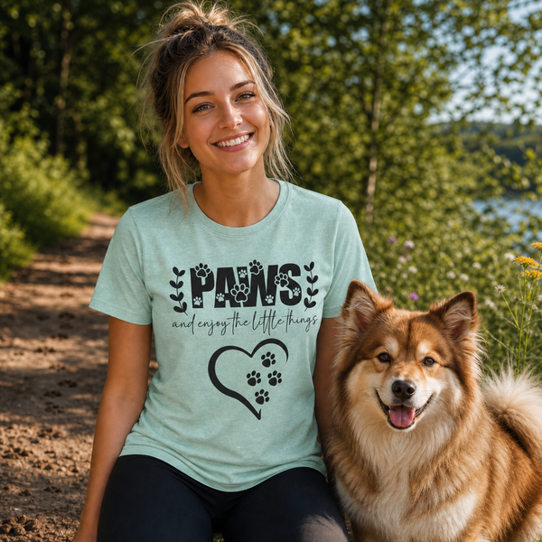 PAWS and Enjoy the Little Things Finnish Lapphund T-Shirt Finnish Lapphund t-shirt worn, lifestyle photo