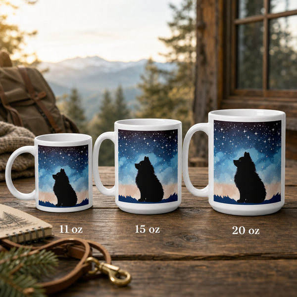 Finnish Lapphund Mug – Stargazing Silhouette Under Night Sky Art Finnish Lapphund mug size lineup, 11oz 15oz and 20oz