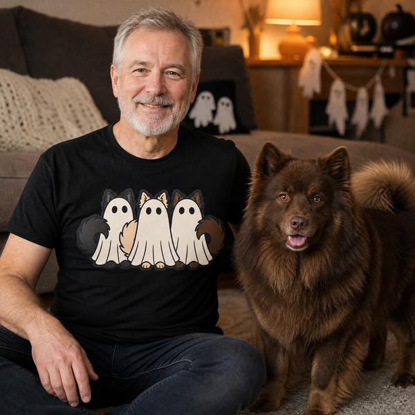 Finnish Lapphund Three Little Boos Halloween T-Shirt Finnish Lapphund t-shirt worn, lifestyle photo