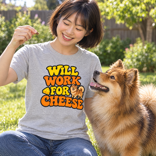 Finnish Lapphund Will Work for Cheese T-Shirt Finnish Lapphund t-shirt worn, lifestyle photo