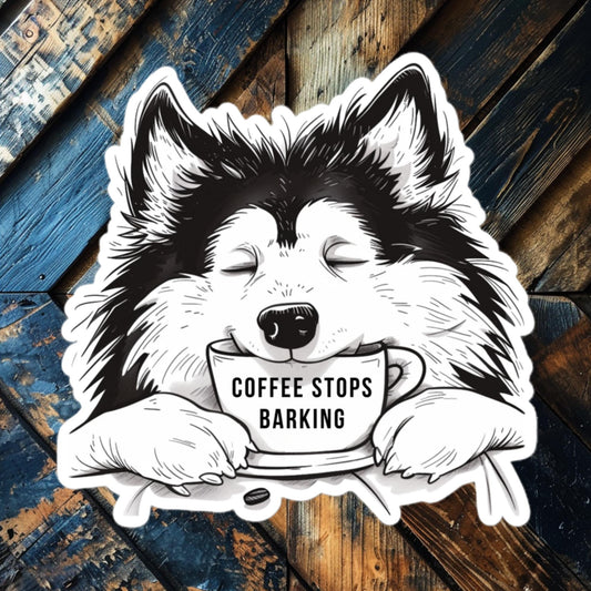 Coffee Finnish Lapphund Sticker featuring a Finnish Lapphund with a "Coffee Stops Barking" cup, perfect for laptops and water bottles.  

