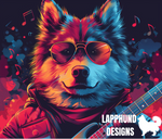 Cool Jacket Finnish Lapphund Tumbler with a retro Lapphund in sunglasses playing guitar on a colorful musical background.

