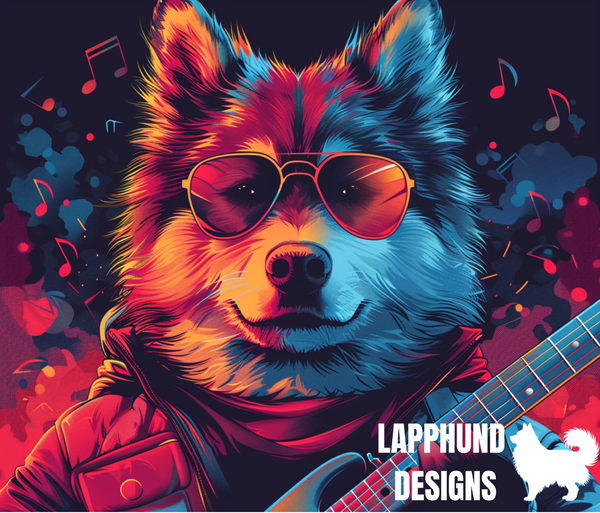 Cool Jacket Finnish Lapphund Tumbler with a retro Lapphund in sunglasses playing guitar on a colorful musical background.

