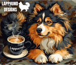 Lappucino Art Finnish Lapphund Tumbler with a painterly Lapphund and multi-panel coffee cup design.

