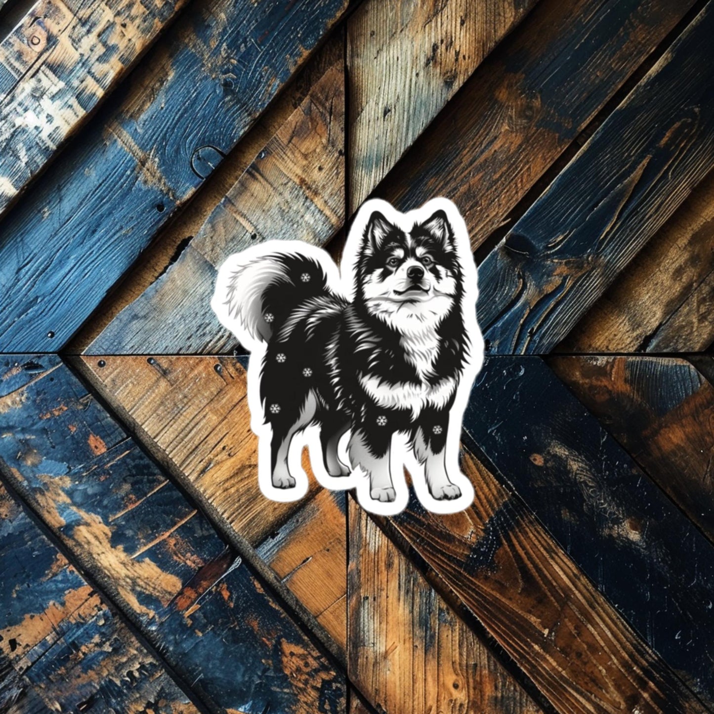 Monochrome Finnish Lapphund Sticker featuring a minimalist black-and-white Finnish Lapphund illustration, perfect for laptops and water bottles.  

