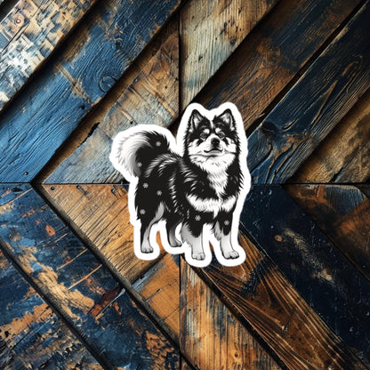Monochrome Finnish Lapphund Sticker featuring a minimalist black-and-white Finnish Lapphund illustration, perfect for laptops and water bottles.  

