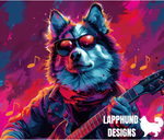 Scarf Rock Finnish Lapphund Tumbler with a vibrant Lapphund in sunglasses and scarf playing guitar on a musical background.


