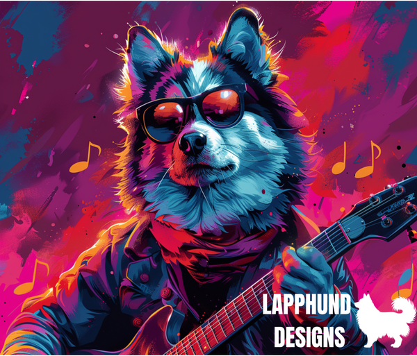 Scarf Rock Finnish Lapphund Tumbler with a vibrant Lapphund in sunglasses and scarf playing guitar on a musical background.

