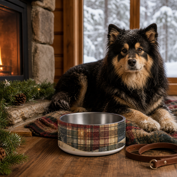 Northern Cabin Plaid Finnish Lapphund 32oz dog bowl in a cozy home setting