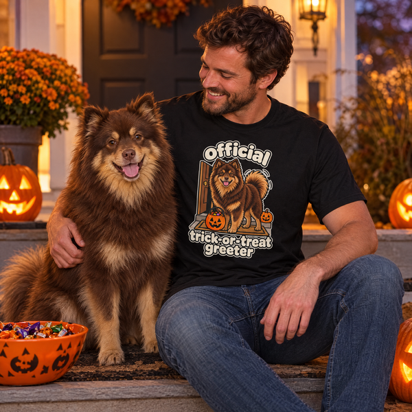 Finnish Lapphund Trick-or-Treat Greeter Halloween T-Shirt Finnish Lapphund t-shirt worn, lifestyle photo