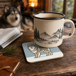 Finnish Lapphund Gray Coat Illustration Cork-Back Coaster Finnish Lapphund cork-back coaster in use on a table
