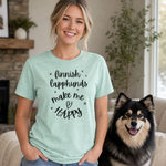 Finnish Lapphunds Make Me Happy T-Shirt – Perfect for Lapphund Lovers & Dog Enthusiasts Finnish Lapphund t-shirt worn, lifestyle photo