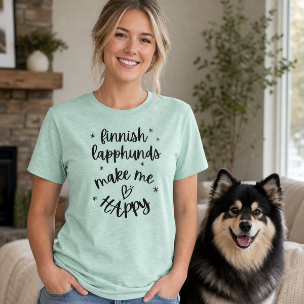 Finnish Lapphunds Make Me Happy T-Shirt – Perfect for Lapphund Lovers & Dog Enthusiasts Finnish Lapphund t-shirt worn, lifestyle photo