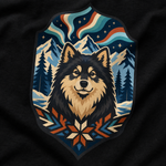 Finnish Lapphund Aurora Crest T-Shirt design close-up on a Finnish Lapphund t-shirt