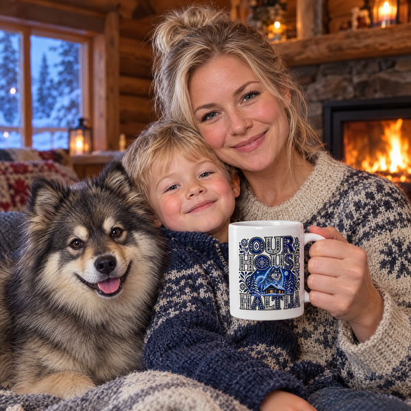 Finnish Lapphund Our House Haltija Halloween Mug Finnish Lapphund mug in use, lifestyle photo