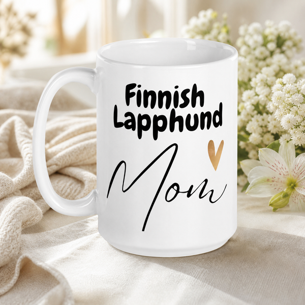 Finnish Lapphund Mug – Heartfelt 'Finnish Lapphund Mom' with Gold Accent Finnish Lapphund ceramic mug