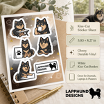 Specs and details for the Finnish Lapphund Cozy Routine Sticker Sheet – Coffee Breaks, Calm Workdays & Relaxed Poses Finnish Lapphund sticker sheet