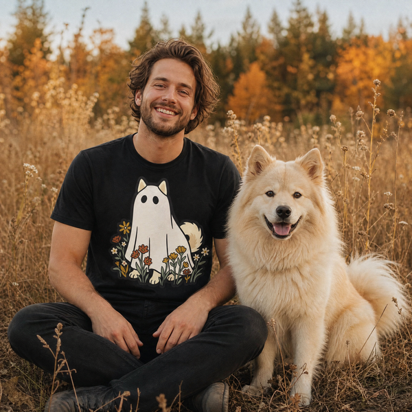 Finnish Lapphund Wildflower Ghost Halloween T-Shirt Finnish Lapphund t-shirt worn, lifestyle photo