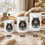 Finnish Lapphund Mug – Tribal Geometric Art in Bold Colors Finnish Lapphund mug size lineup, 11oz 15oz and 20oz