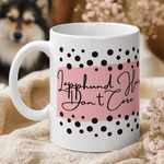 Glossy print detail on the Finnish Lapphund Mug – 'Lapphund Hair Don't Care' with Pink & Polka Dots Finnish Lapphund mug