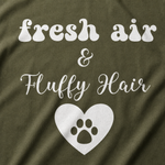 Fresh Air & Fluffy Hair Finnish Lapphund T-Shirt - Dog Lover Tee design close-up on a Finnish Lapphund t-shirt