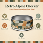 Retro Alpine Checker Finnish Lapphund 32oz dog bowl features and specs