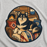 Finnish Lapphund Cozy Cabin King T-Shirt design close-up on a Finnish Lapphund t-shirt