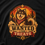 Finnish Lapphund Wanted For Treats T-Shirt design close-up on a Finnish Lapphund t-shirt