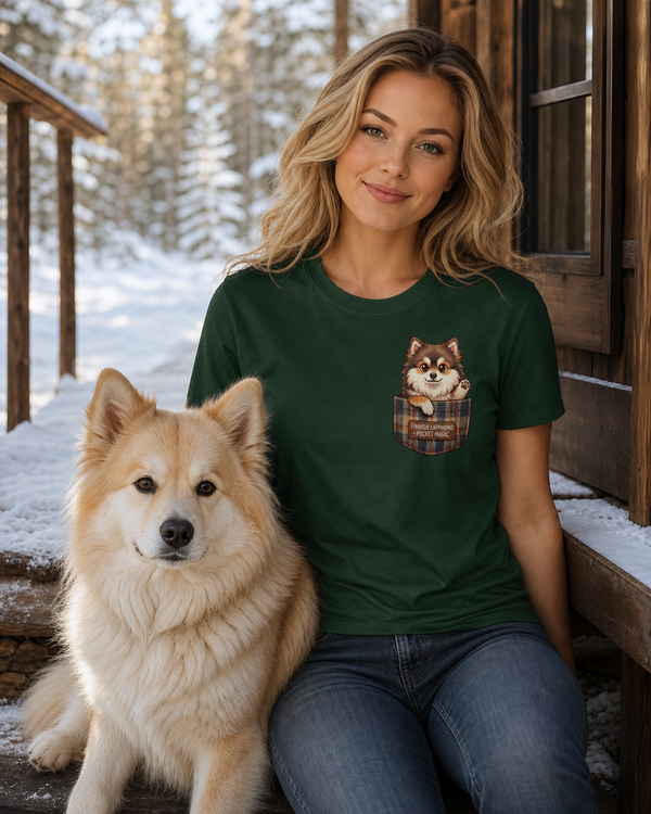 Finnish Lapphund Pocket Pup T-Shirt Finnish Lapphund t-shirt worn, lifestyle photo