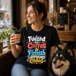 Finnish Lapphund Coffee And Chaos T-Shirt Finnish Lapphund t-shirt worn, lifestyle photo