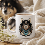 Finnish Lapphund Mug – Tribal Geometric Art in Bold Colors Finnish Lapphund mug in use