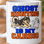 Printed design close-up on the Finnish Lapphund Ghost Hunting Is My Cardio Halloween Mug Finnish Lapphund mug
