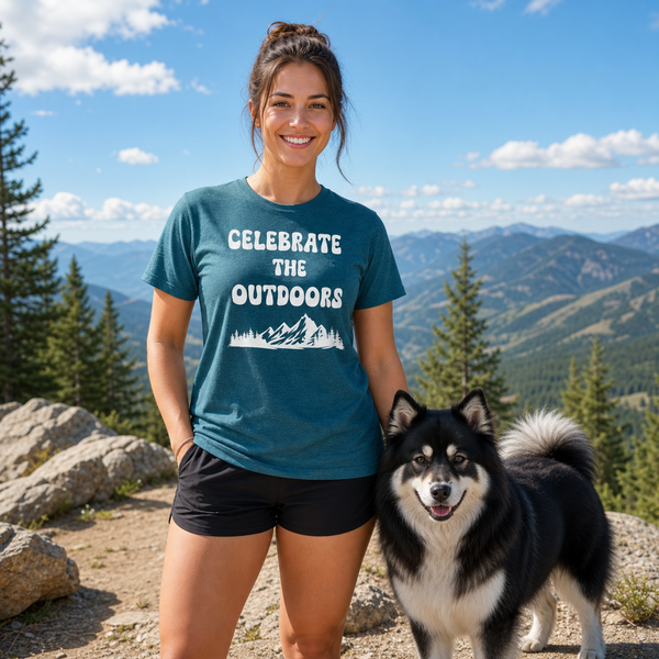 Celebrate the Outdoors Finnish Lapphund T-Shirt Finnish Lapphund t-shirt worn, lifestyle photo