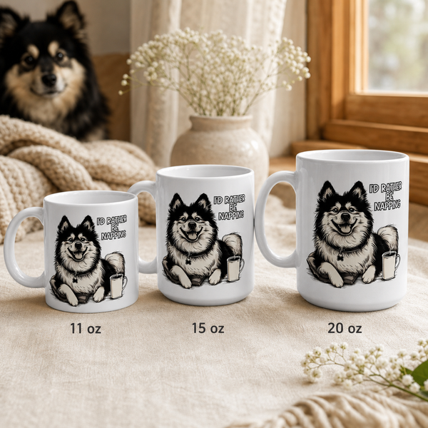 Finnish Lapphund Mug Rather Be Napping Nordic Dog Gift Finnish Lapphund mug size lineup, 11oz 15oz and 20oz