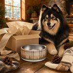Oatmeal Cabin Plaid Finnish Lapphund 32oz dog bowl gift scene