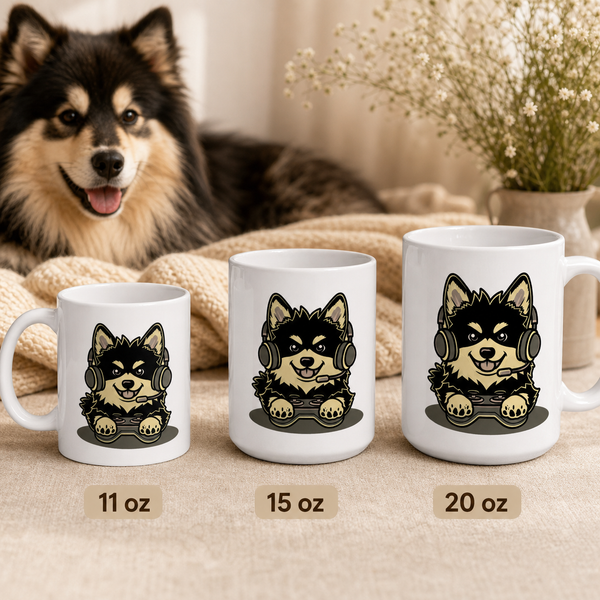 Finnish Lapphund Mug Gamer Dog Headset Nordic Pet Gift Finnish Lapphund mug size lineup, 11oz 15oz and 20oz